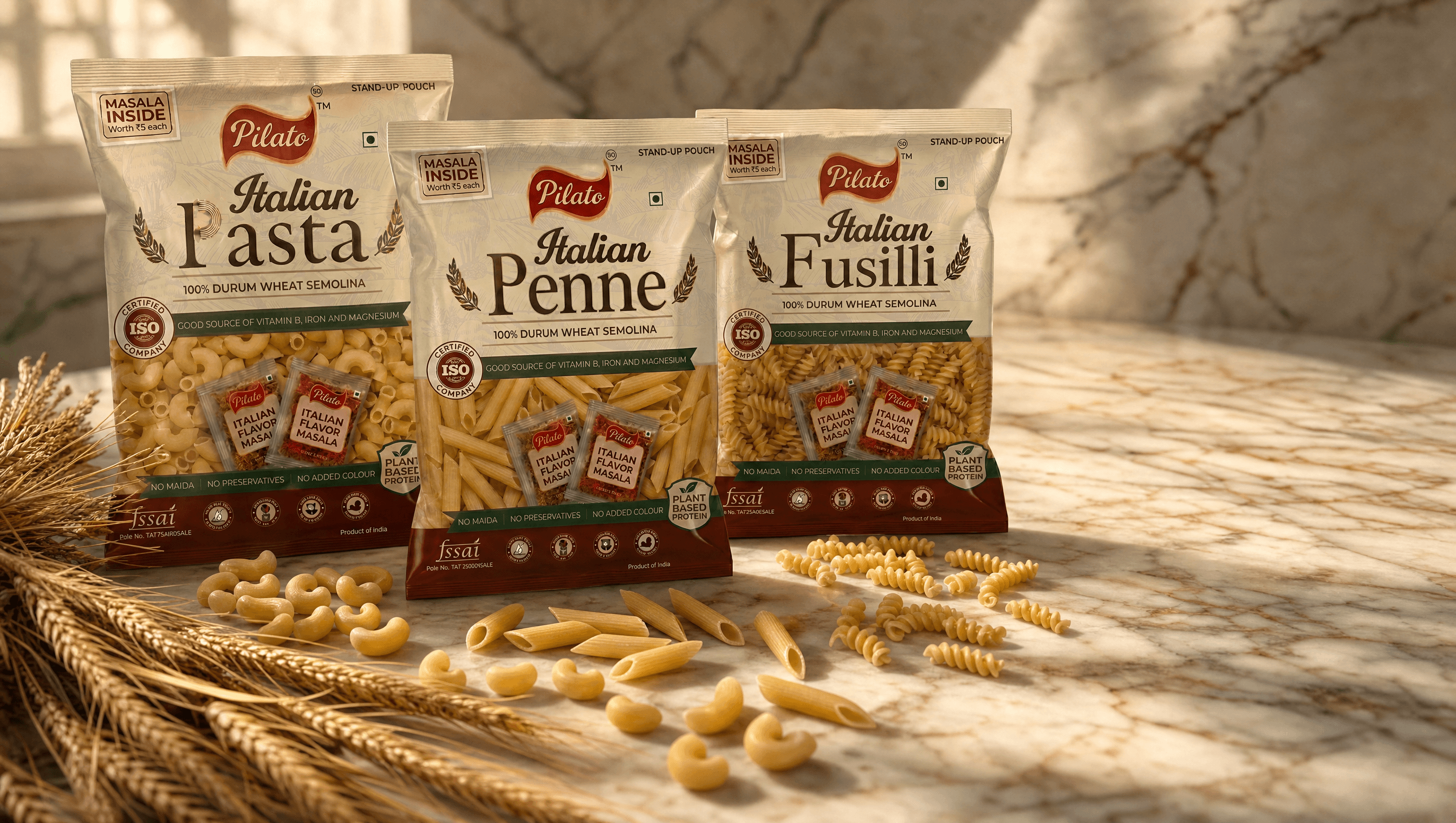 Pilato pasta family on cream marble with durum wheat