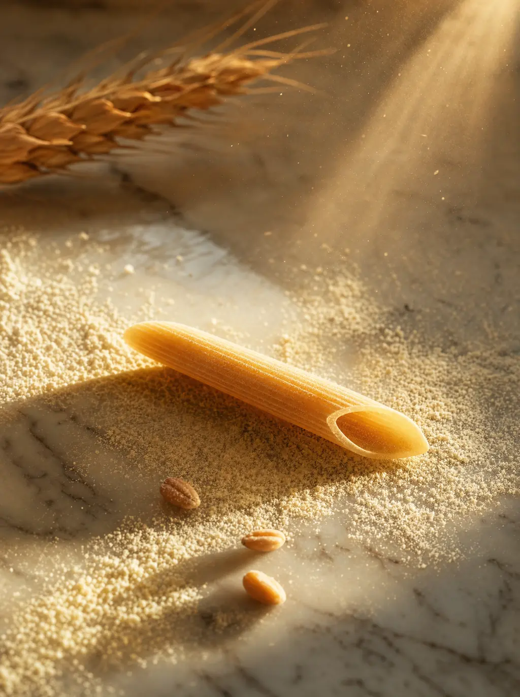 A single bronze-drawn penne tube on cream marble in golden raking light
