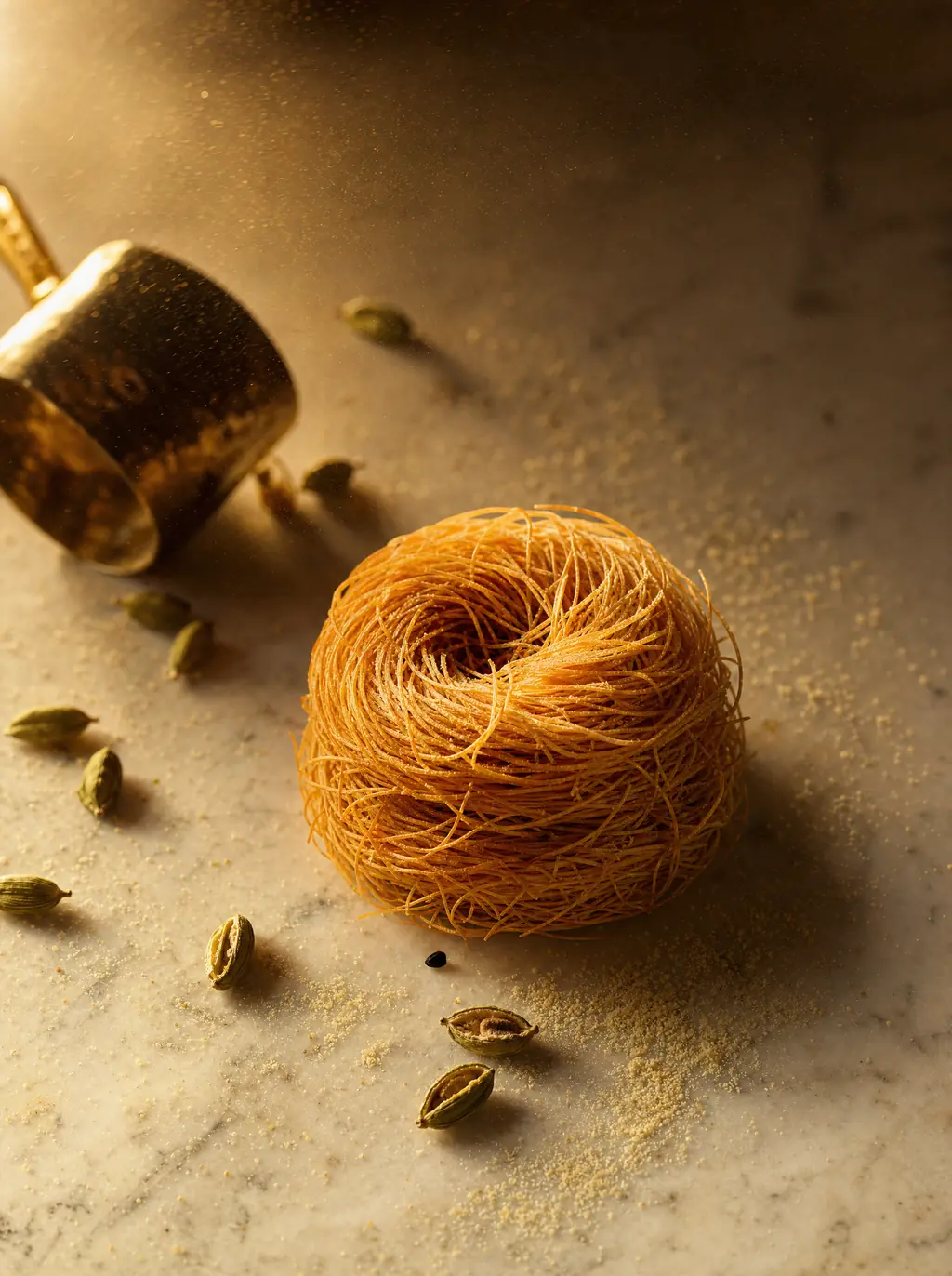 A coiled roasted vermicelli nest on marble with antique brass and cardamom