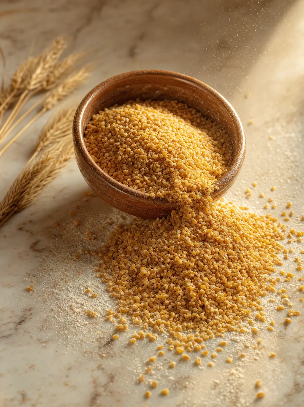 Cracked daliya wheat berries spilling from a wooden bowl on marble