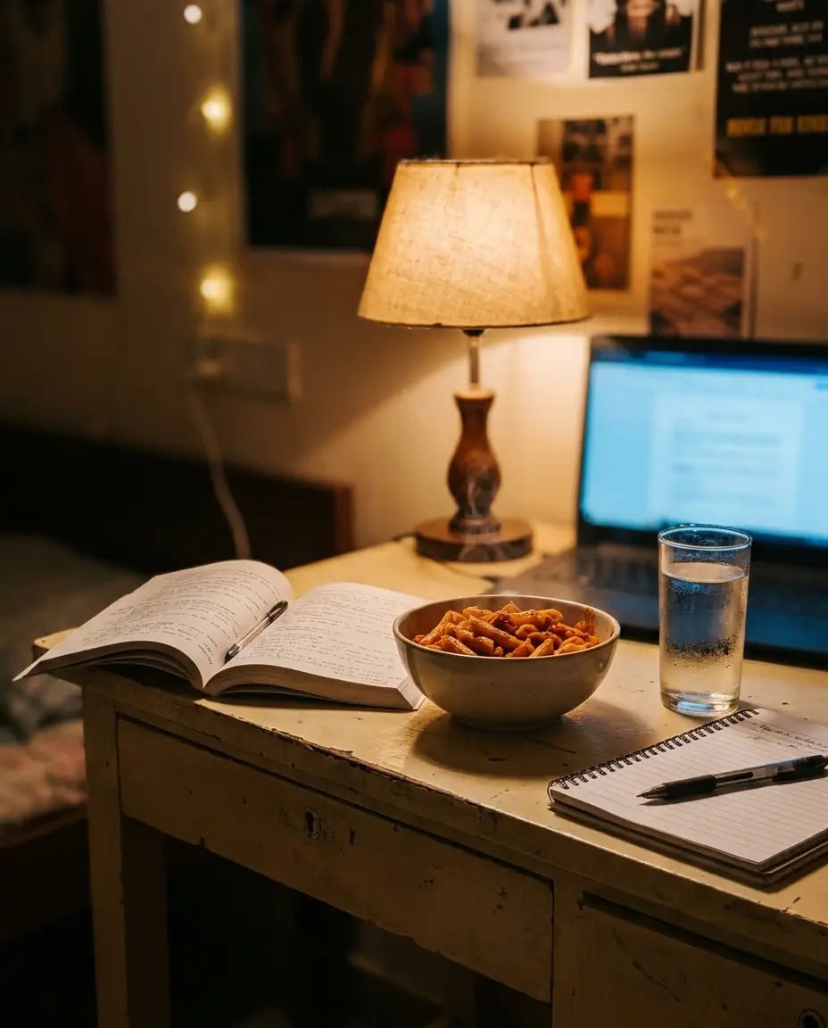 Late-night hostel desk with a single bowl of red masala penne under a warm desk lamp