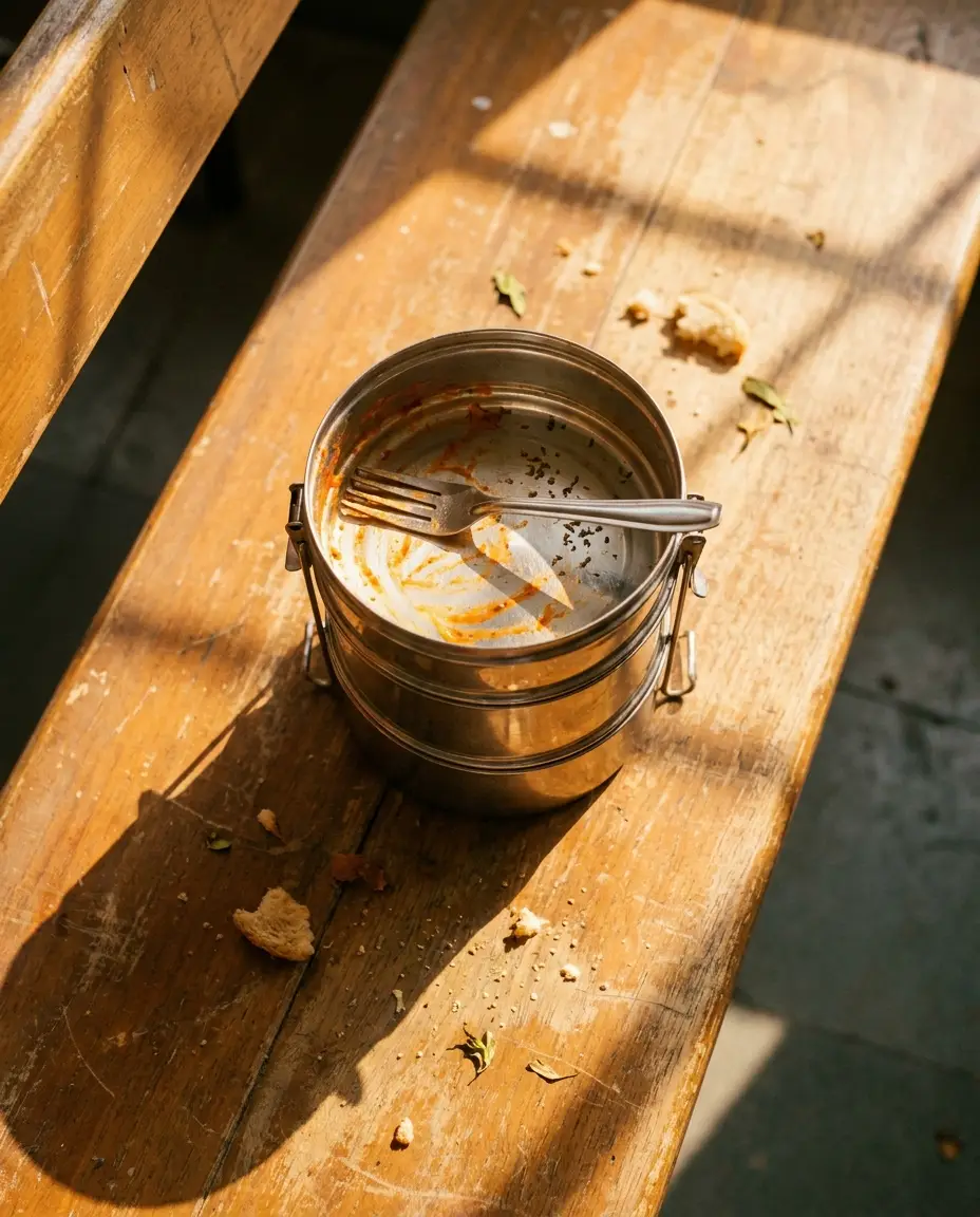Empty steel tiffin lunchbox with faint orange pasta sauce remnants on a wooden bench