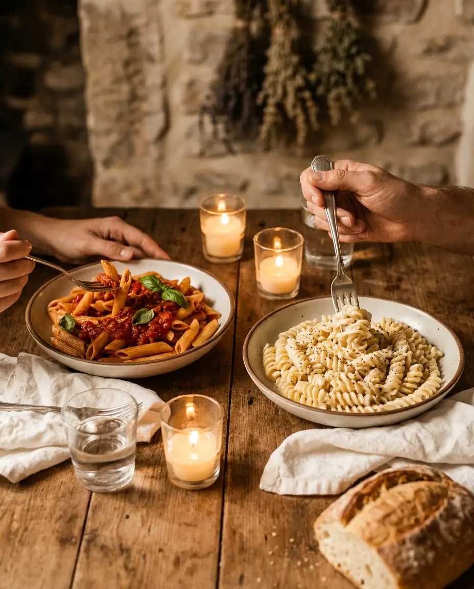 Sunday dinner table with red-sauce pasta and white-sauce pasta, hands reaching with forks