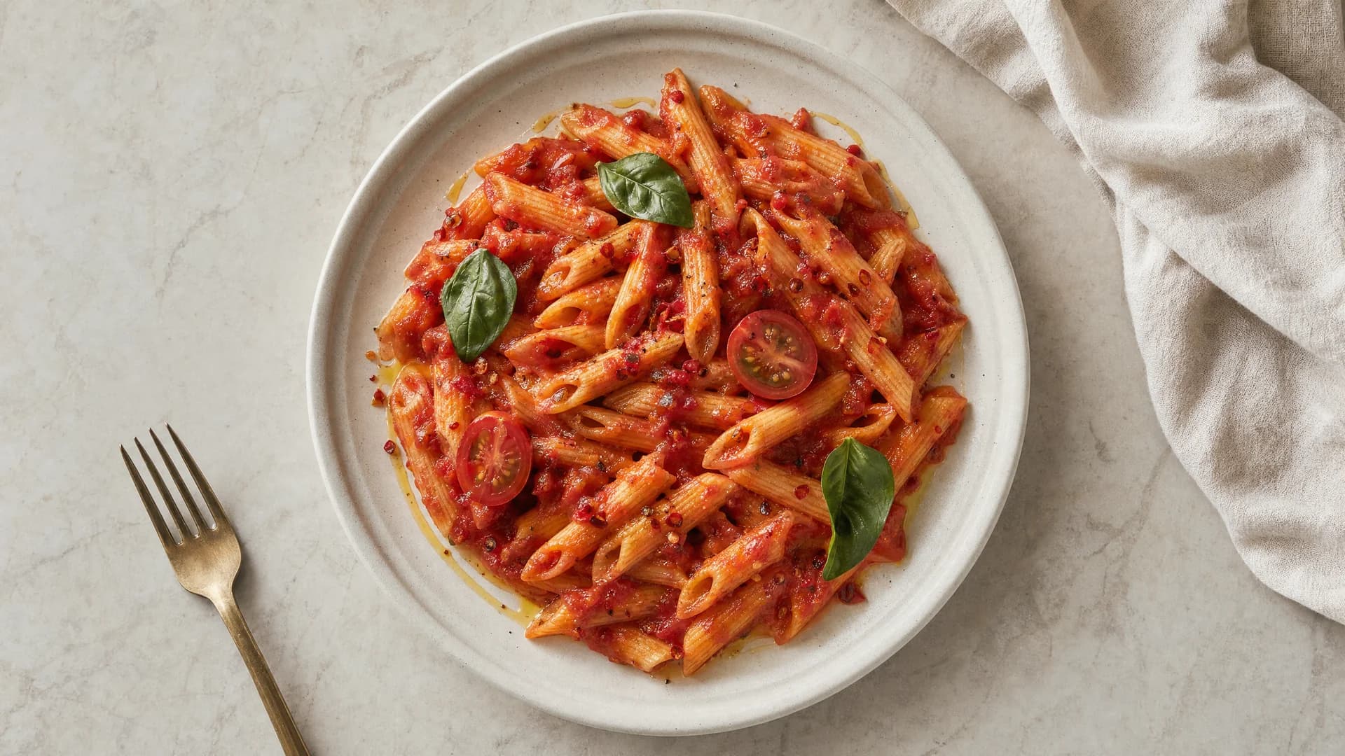 Overhead shot of Pilato penne pasta tossed in glossy red arrabbiata sauce with fresh basil leaves and cherry tomatoes on a cream marble surface