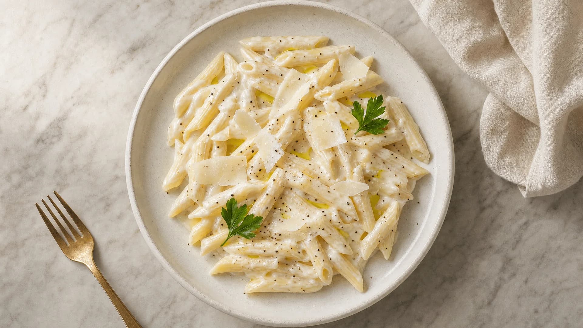Overhead shot of Pilato penne pasta tossed in silky white alfredo sauce with parmesan shavings and cracked black pepper on a cream marble surface
