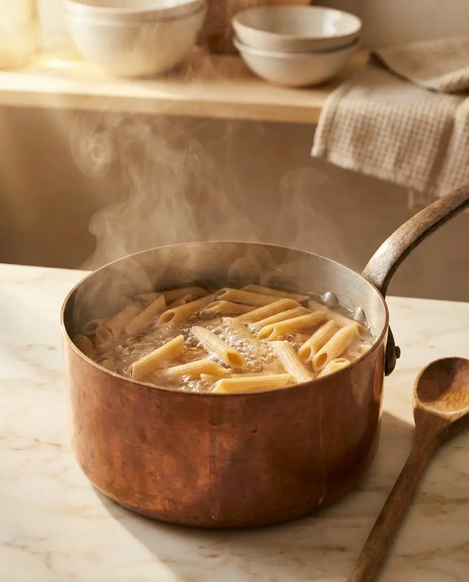 Bronze-drawn penne mid-boil in a copper saucepan with golden raking light