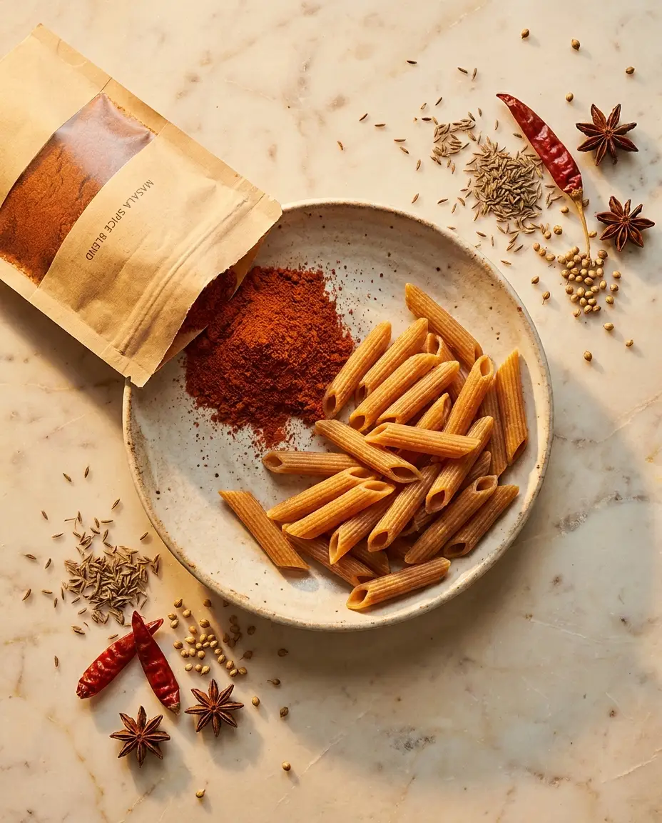 Indian masala sachet torn open with red-orange spice falling onto cooked penne