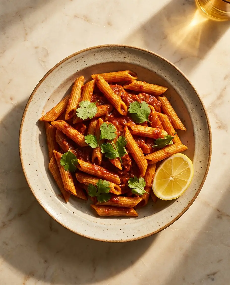 Plated bronze penne tossed with red masala, cilantro and lemon on cream marble