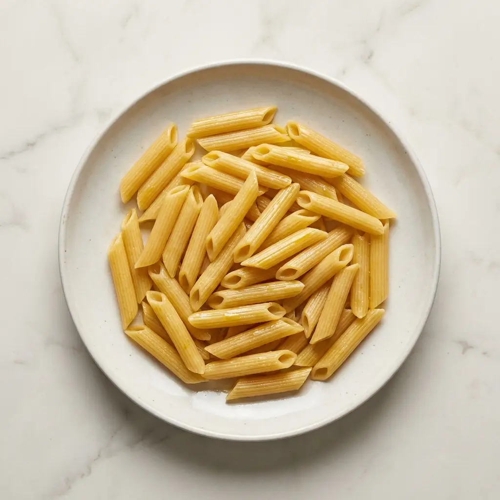 Glossy al-dente bronze-drawn penne on a porcelain plate, holding shape