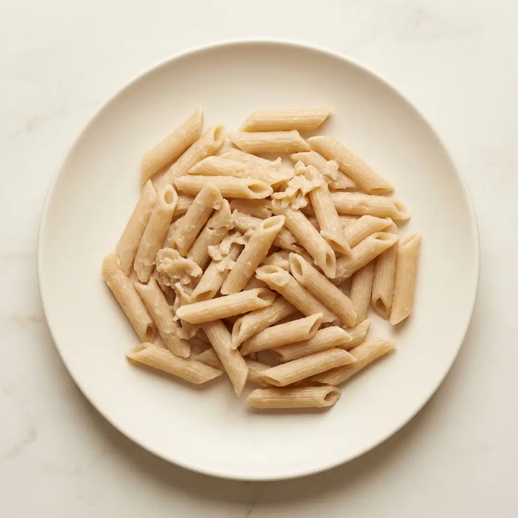 Pale mushy refined-flour pasta clumped on a porcelain plate
