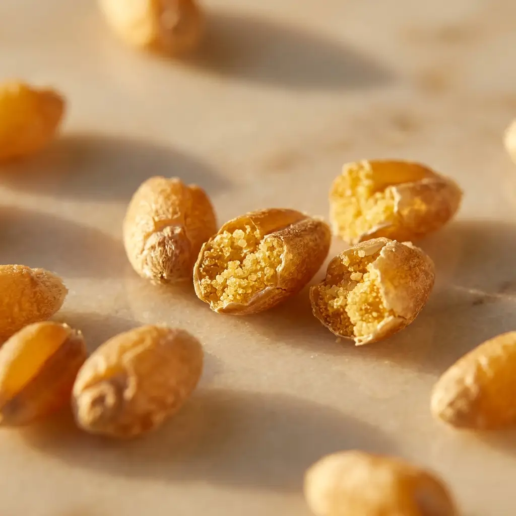 Macro of cracked durum wheat berries showing golden semolina interior