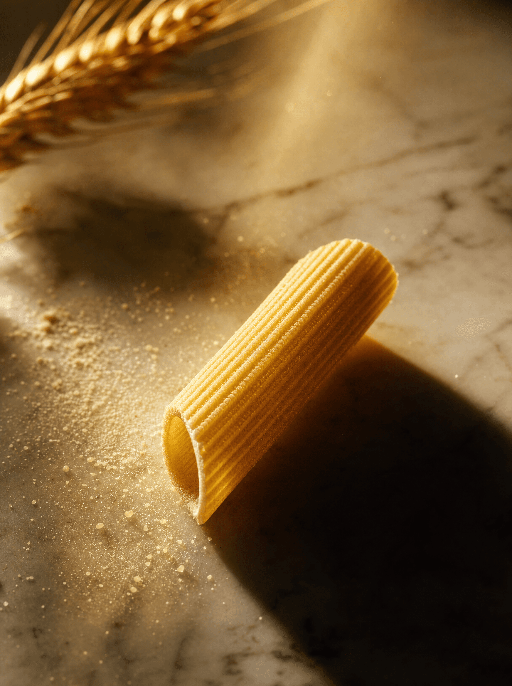 Single hero penne tube on marble with golden light