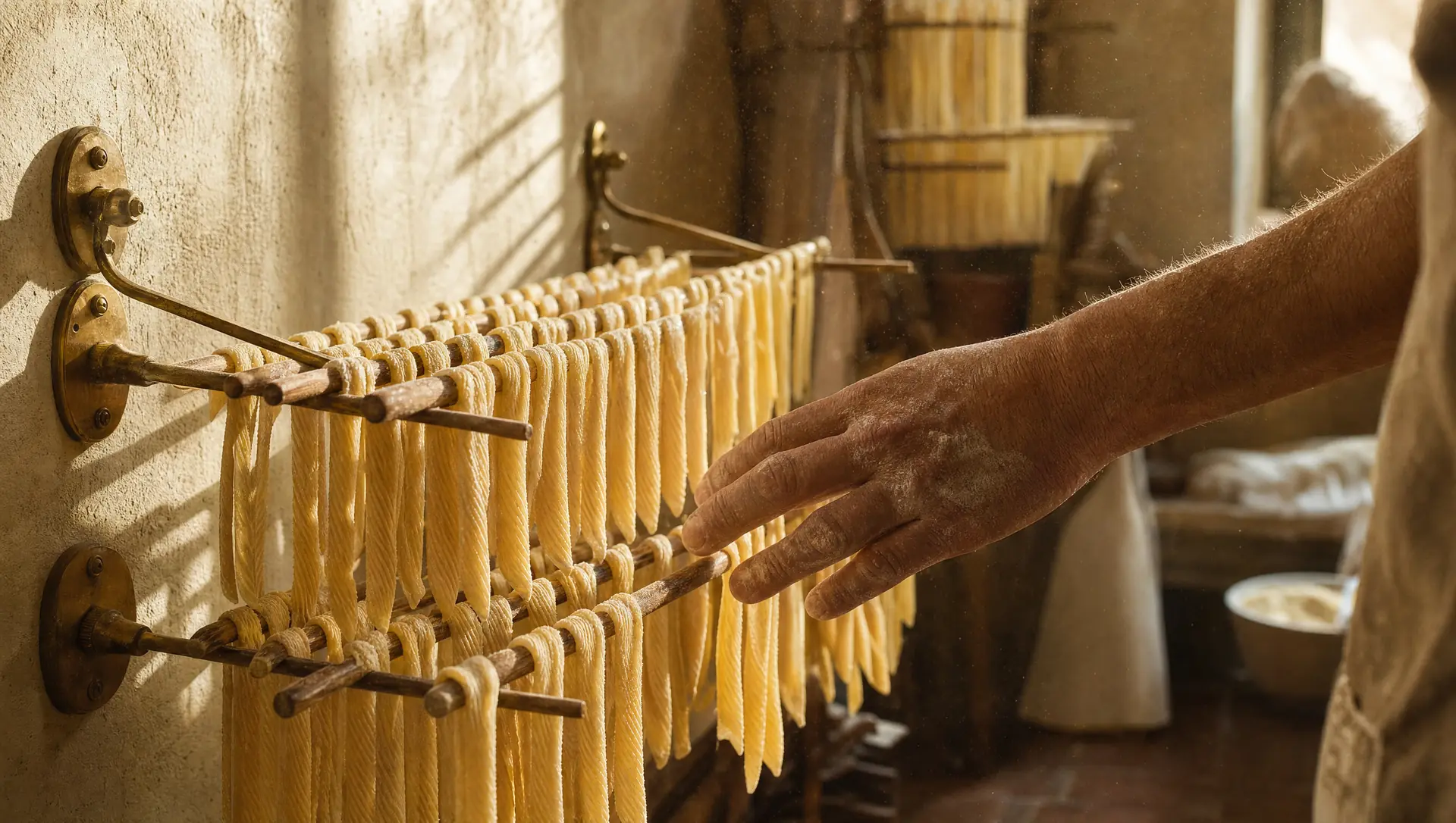 PILATO mill interior — slow-dry racks with hanging pasta, soft golden side light