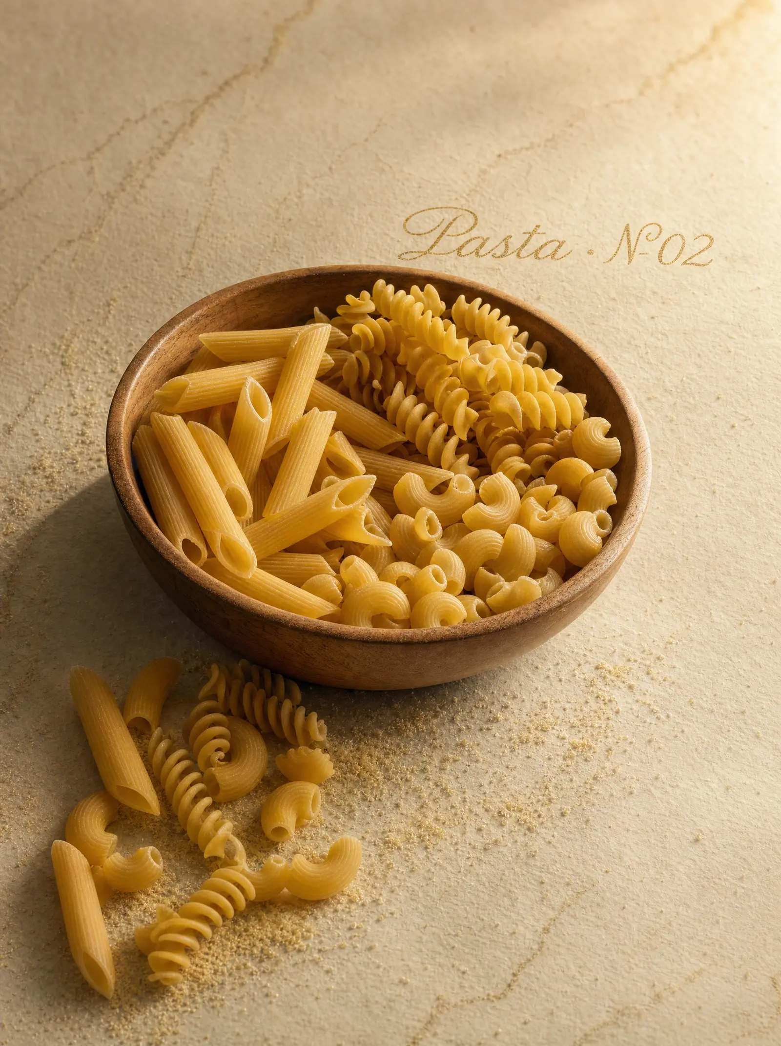Editorial atelier poster of PILATO pasta — penne, fusilli, macaroni in a satinwood bowl with semolina dust