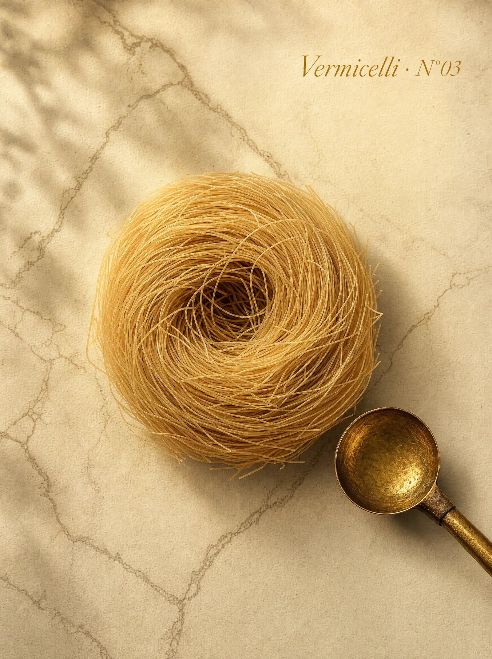 Editorial atelier poster of PILATO vermicelli — a coiled nest on cream paper with a brass spoon