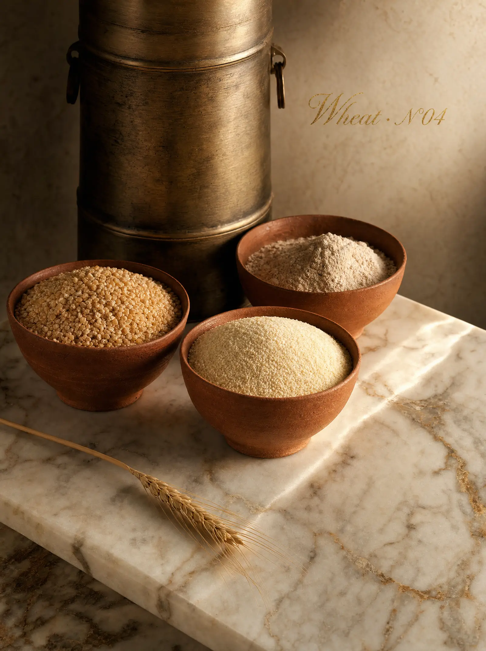 Editorial atelier poster of PILATO wheat staples — three bowls of daliya, rawa and aata on a marble slab