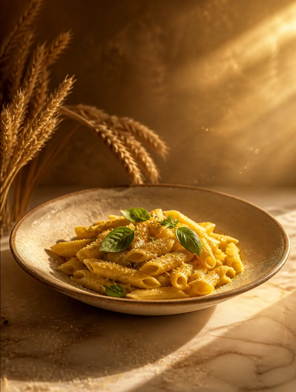 Glossy aglio e olio coiled in a cream ceramic bowl, pale-gold garlic slivers and red chilli flakes against parsley flecks